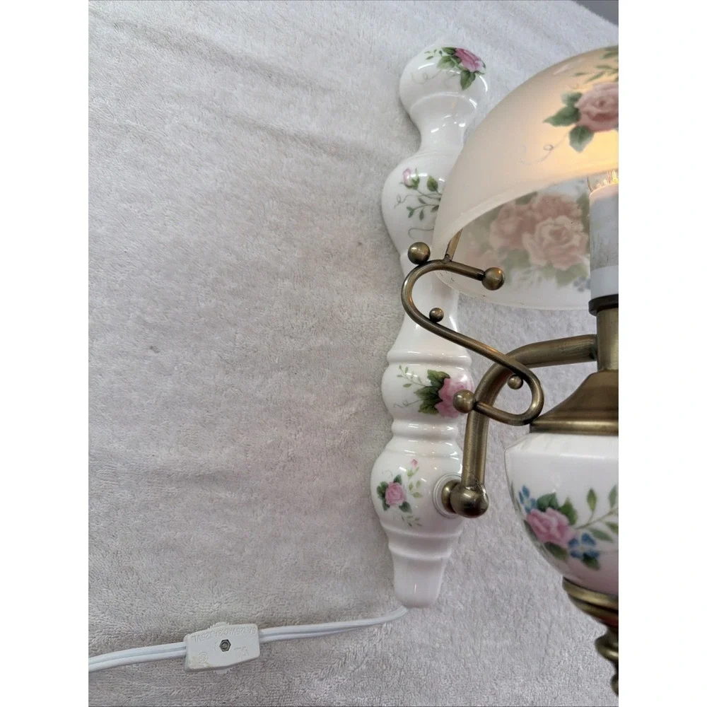 Vintage Electric Victorian Rose  Glass Floral Porcelain Wall Sconce 13